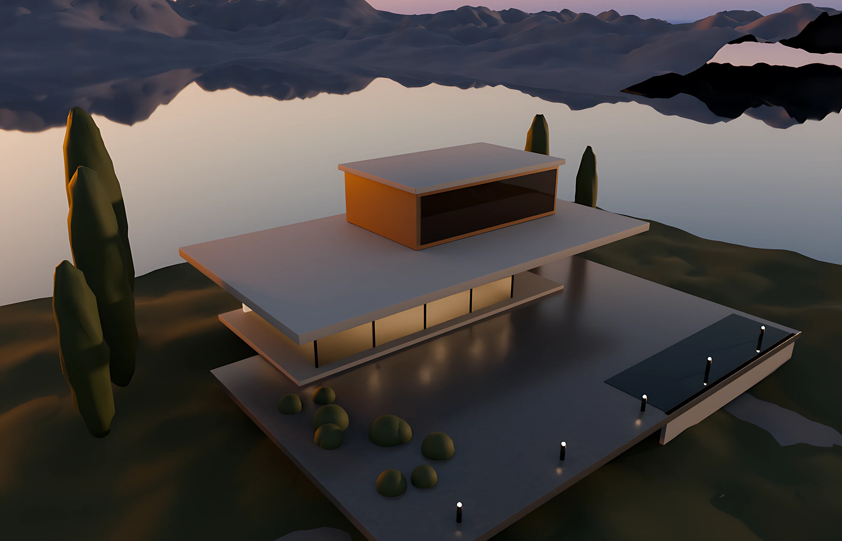 Original 3D render of a concept villa on a cliff above a lake
