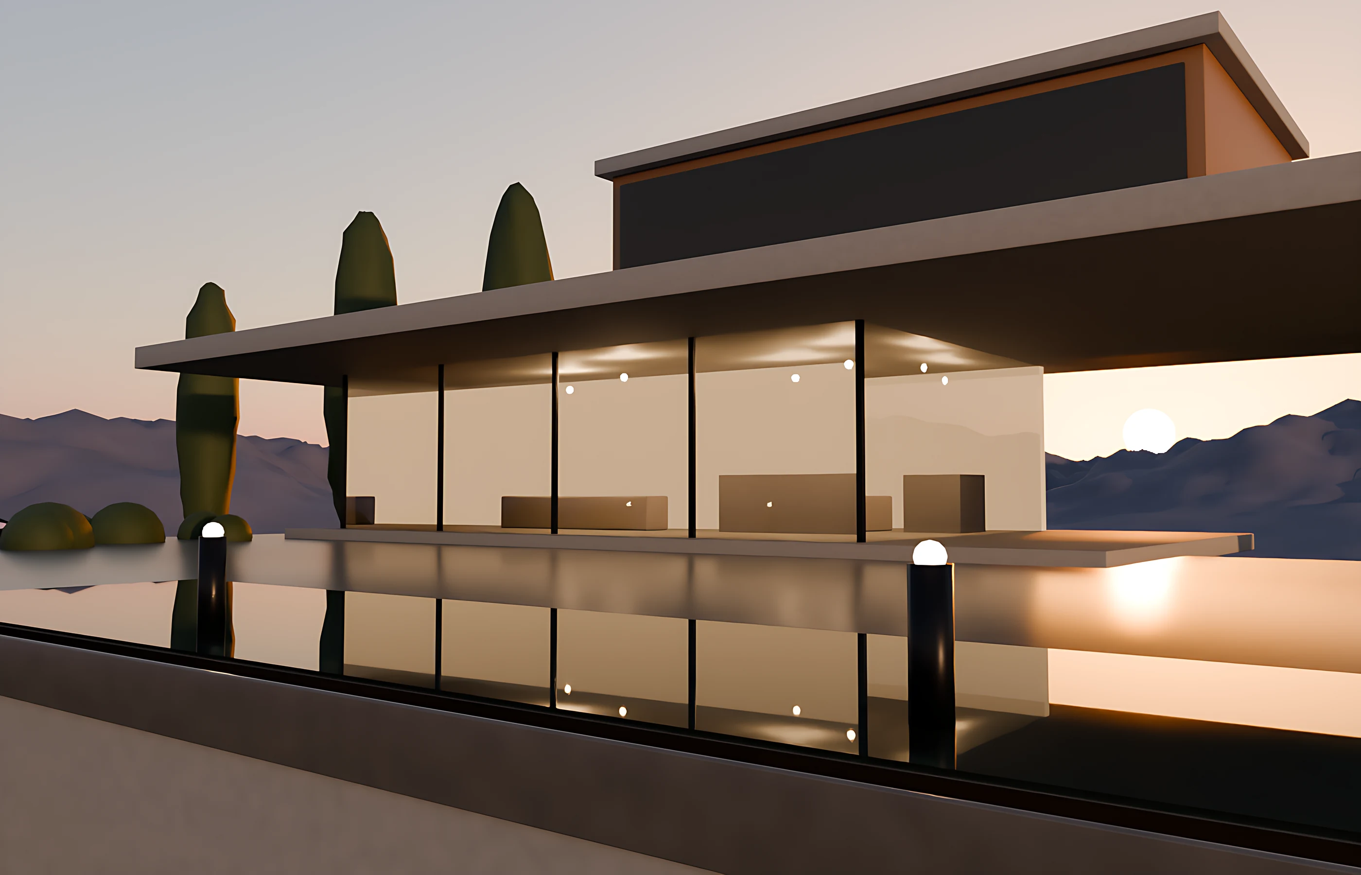 Original 3D render of a villa pool terrace at dusk