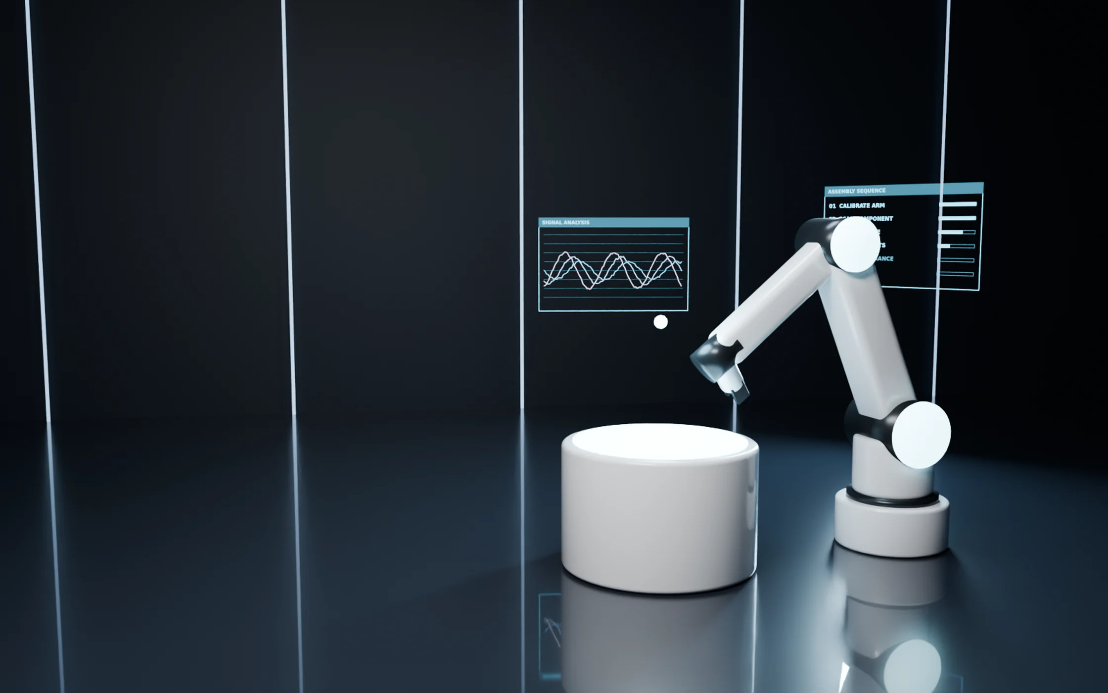 Original 3D render of a robot arm assembling a holographic object