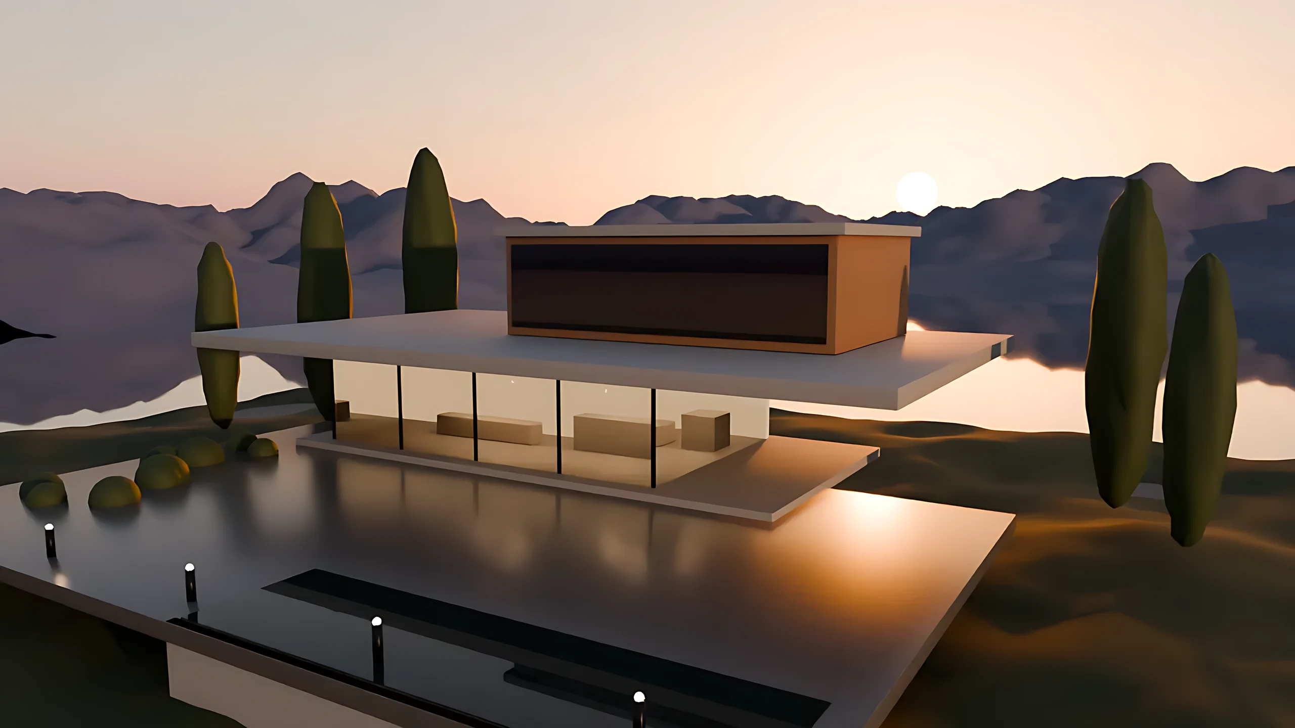 Original 3D render: cliffside villa above a lake at sunset