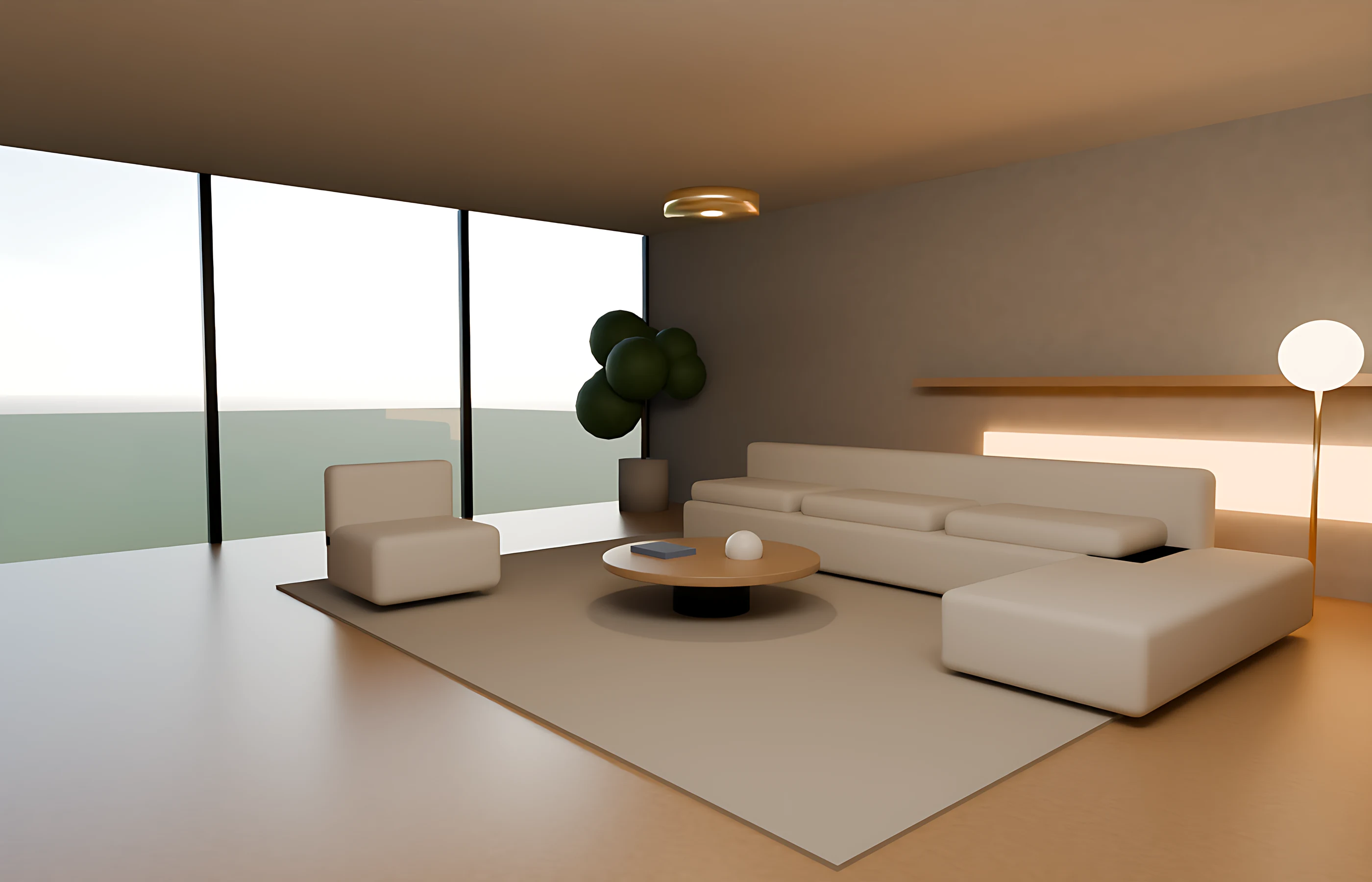 Original 3D render of a warm modern living room at dusk